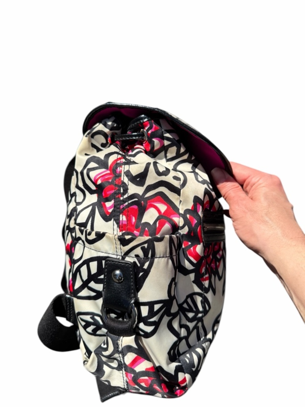 Coach Poppy Floral Canvas Drawstring Backpack - Black, White & pinkish F16582 - Picture 5 of 9